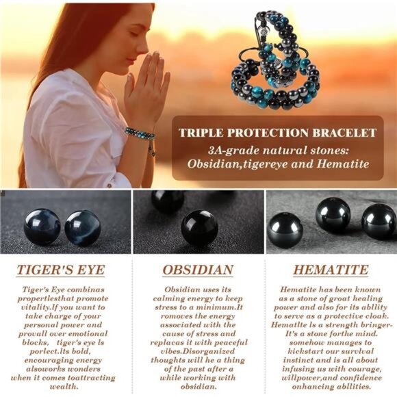 Mens Womens Triple Protection Bracelet Energy Crystal Handmade Healing Stone Jew - Picture 2 of 7